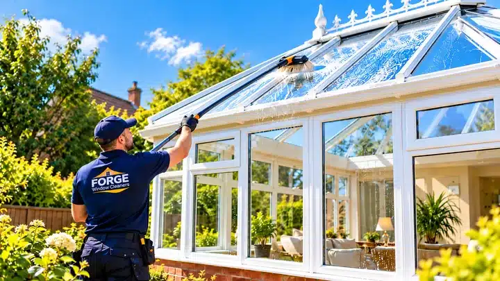 Window cleaner washing a glass conservatory roof using a water-fed cleaning brush