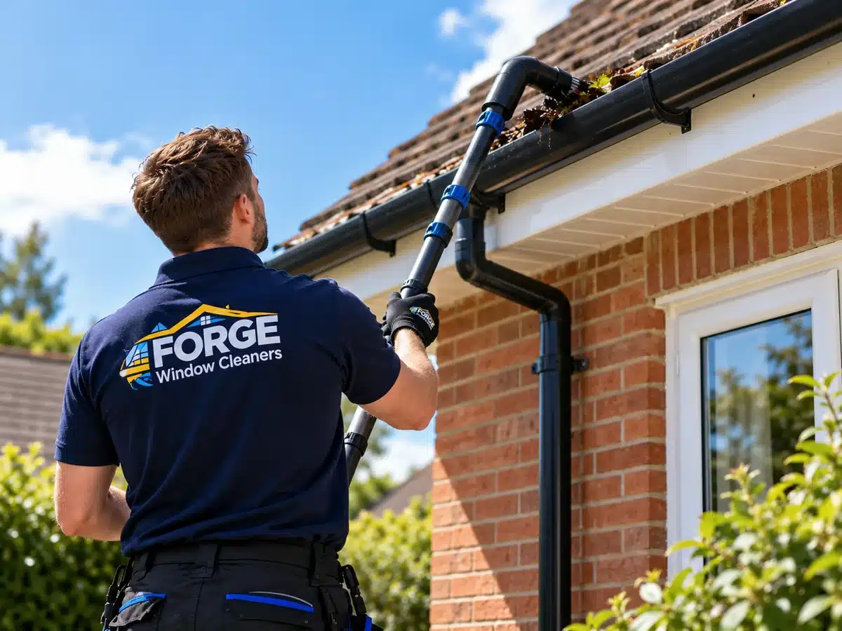 FORGE Window Cleaners operative using professional gutter clearing equipment at a residential property