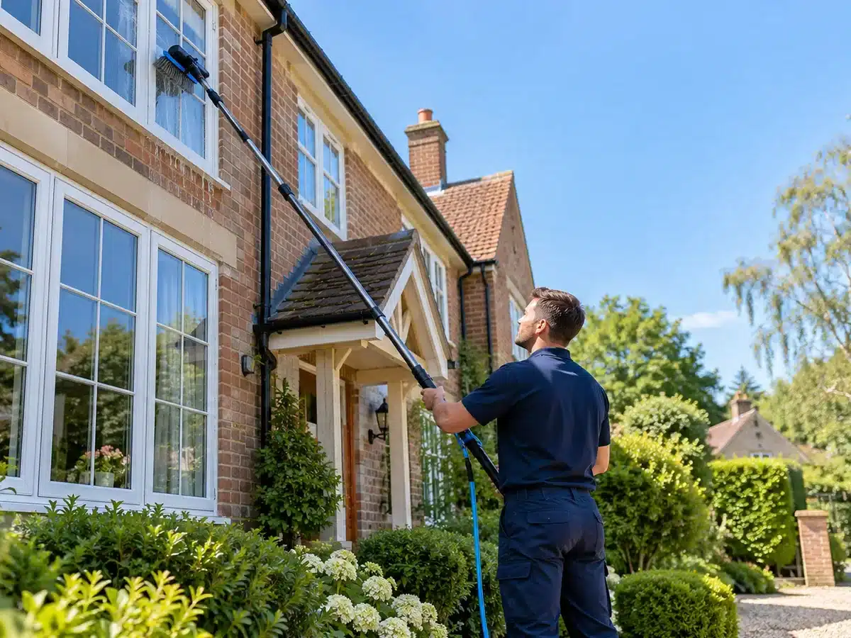 Window cleaner using a water-fed pole on a home in Hampshire